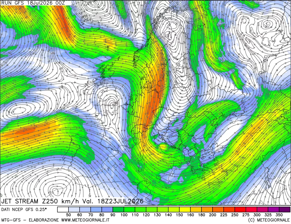 mappa 250 hPa Jet stream