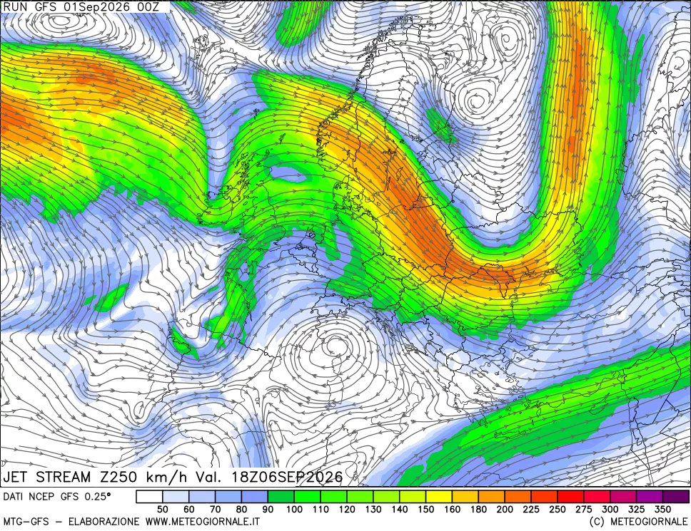 mappa 250 hPa Jet stream