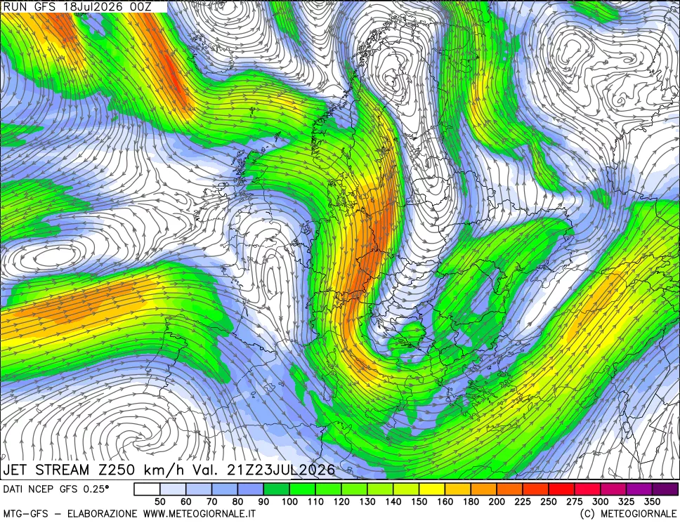 mappa 250 hPa Jet stream