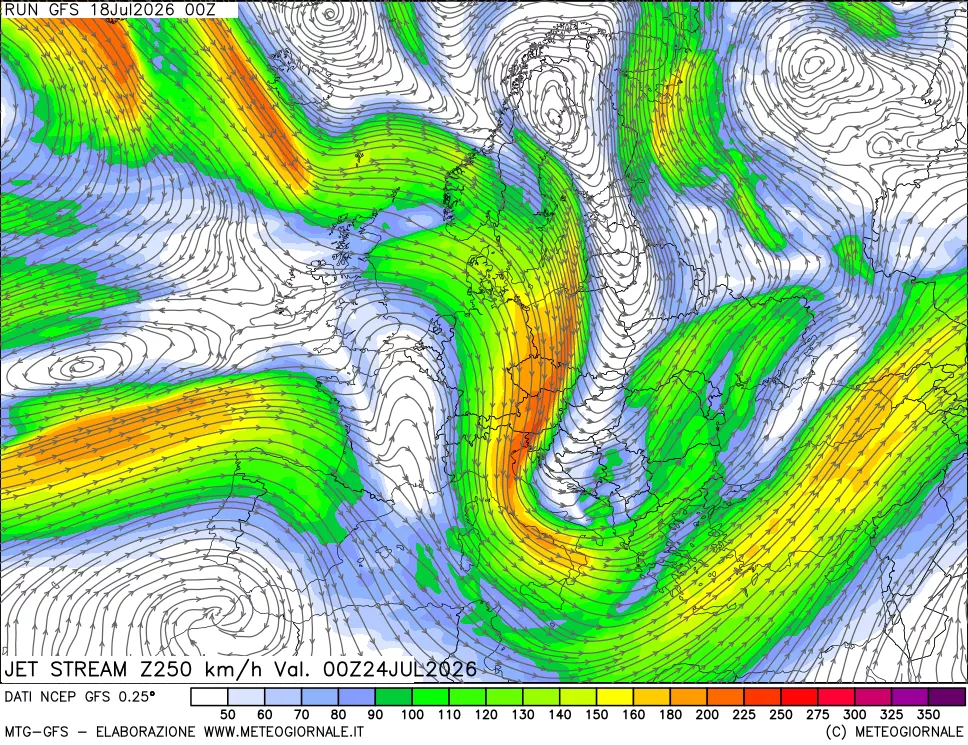 mappa 250 hPa Jet stream