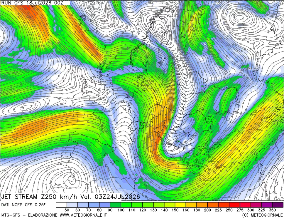 mappa 250 hPa Jet stream