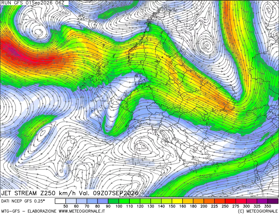mappa 250 hPa Jet stream