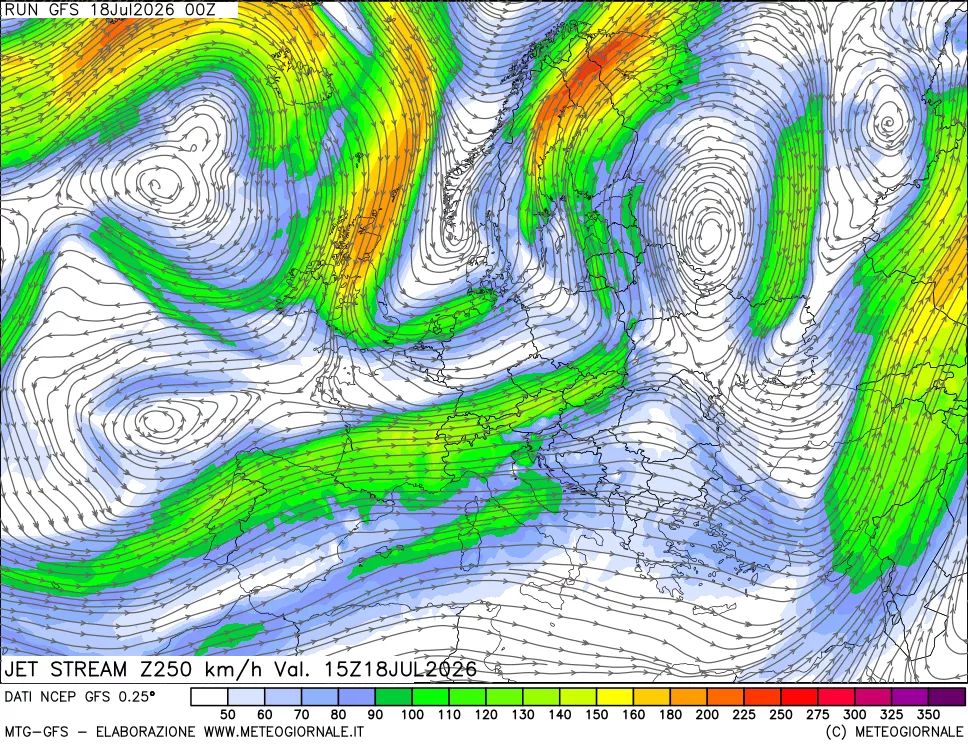 mappa 250 hPa Jet stream
