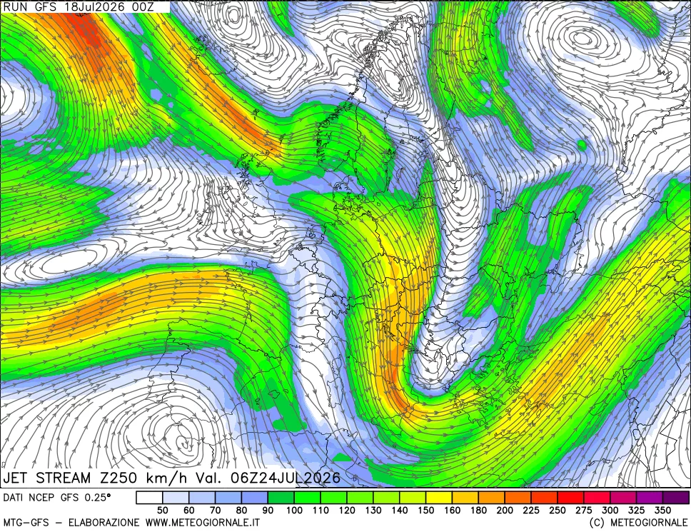 mappa 250 hPa Jet stream