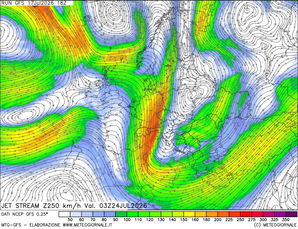 mappa 250 hPa Jet stream