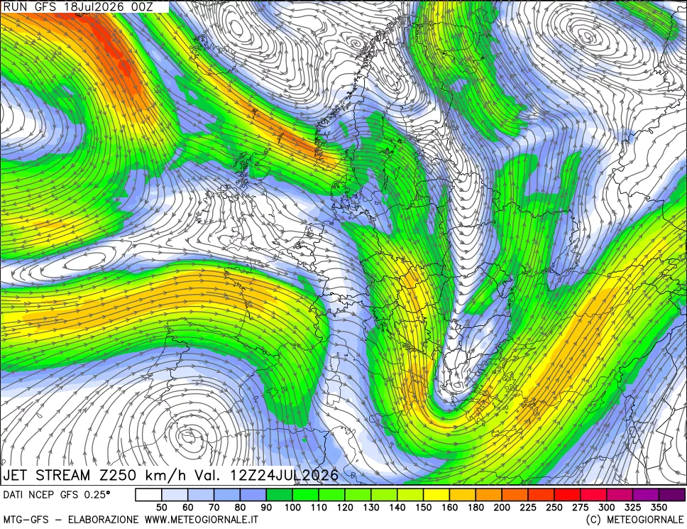 mappa 250 hPa Jet stream