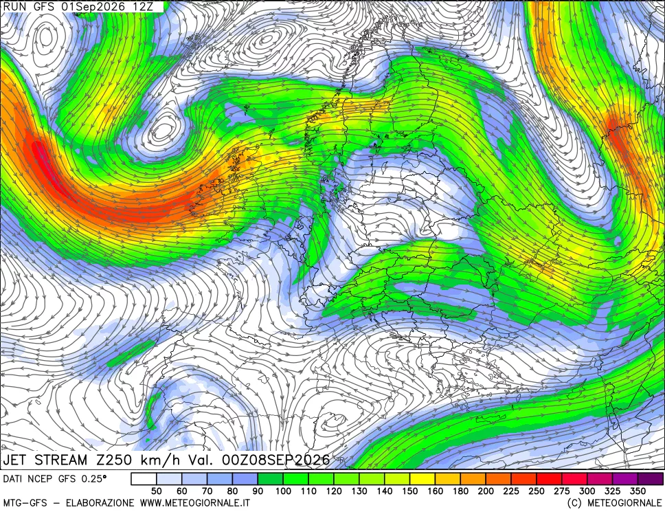 mappa 250 hPa Jet stream