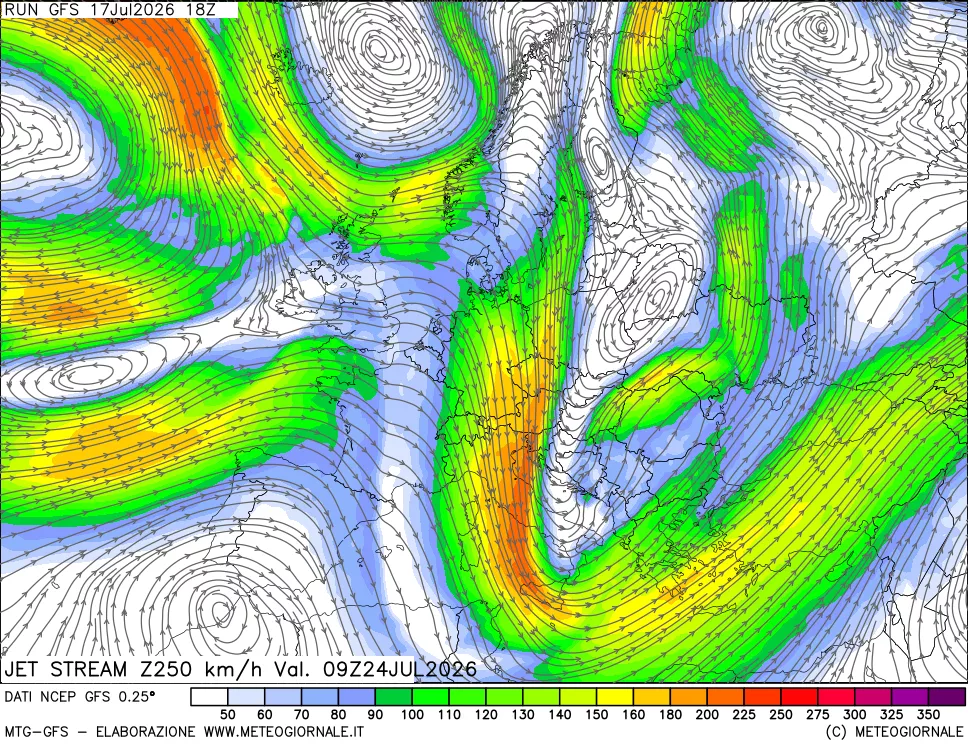 mappa 250 hPa Jet stream