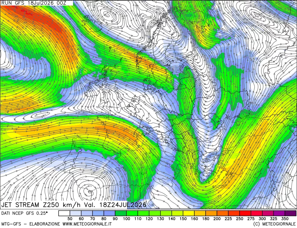 mappa 250 hPa Jet stream