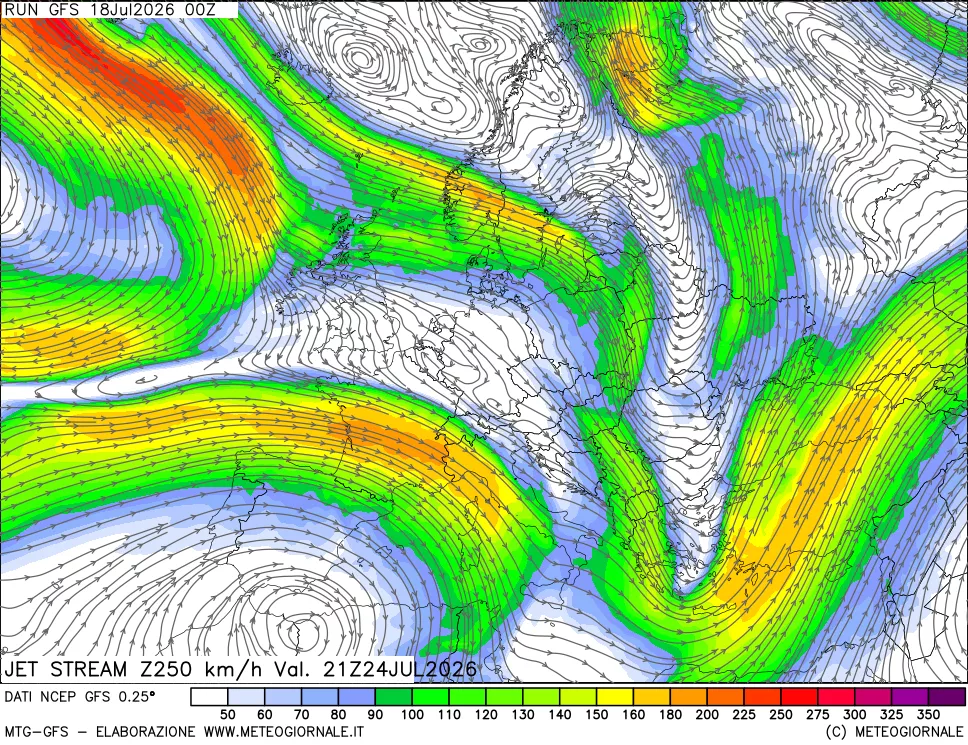 mappa 250 hPa Jet stream