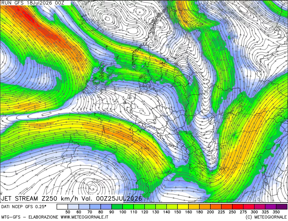 mappa 250 hPa Jet stream