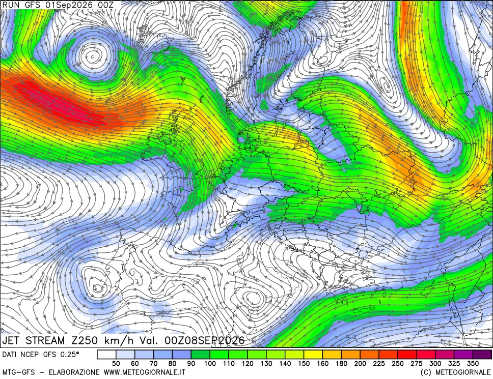 mappa 250 hPa Jet stream