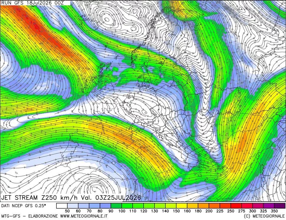 mappa 250 hPa Jet stream