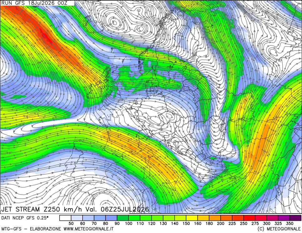 mappa 250 hPa Jet stream