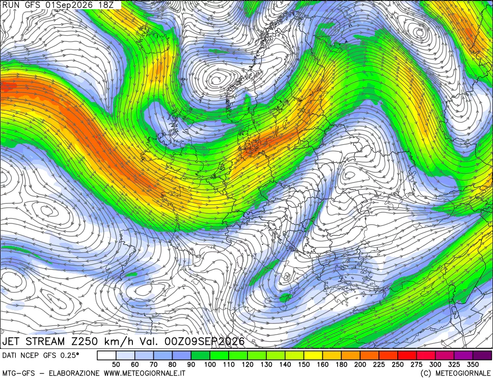 mappa 250 hPa Jet stream