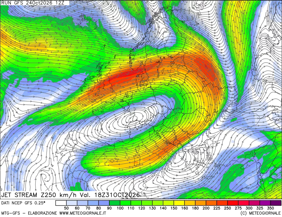 mappa 250 hPa Jet stream
