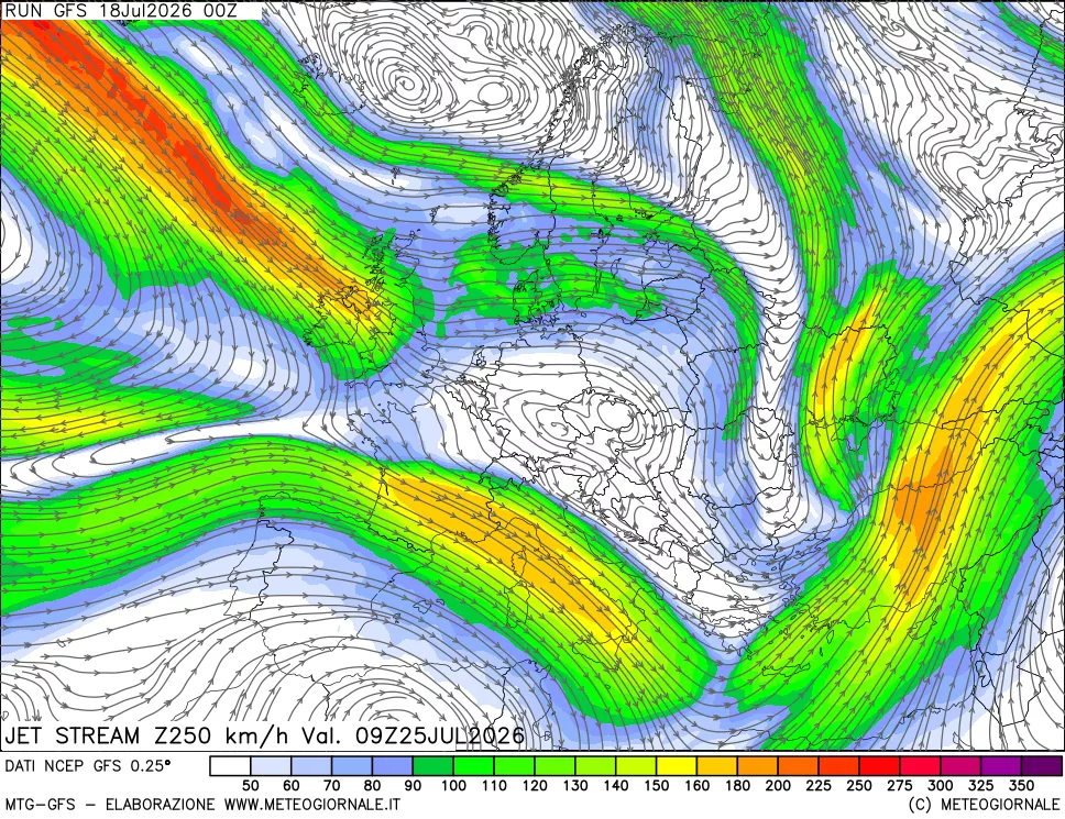 mappa 250 hPa Jet stream