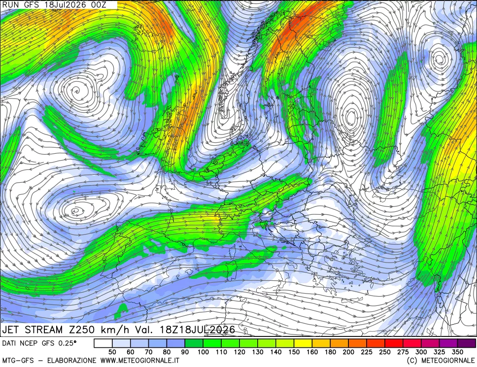 mappa 250 hPa Jet stream