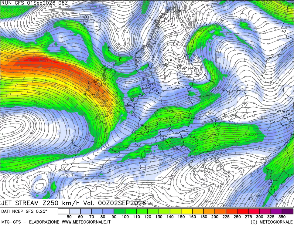 mappa 250 hPa Jet stream