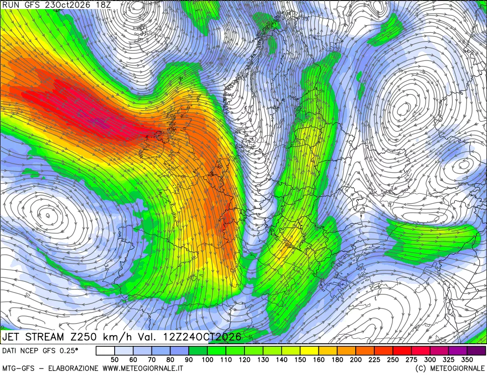mappa 250 hPa Jet stream
