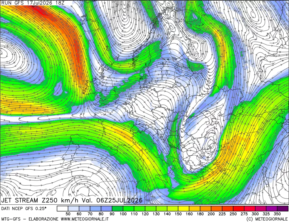 mappa 250 hPa Jet stream