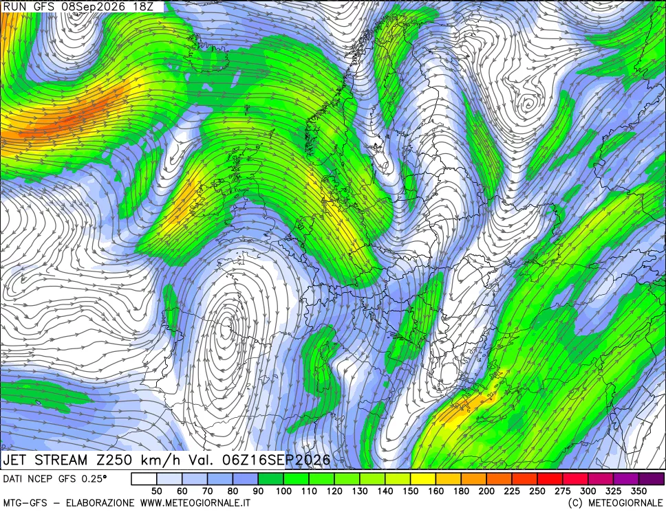 mappa 250 hPa Jet stream