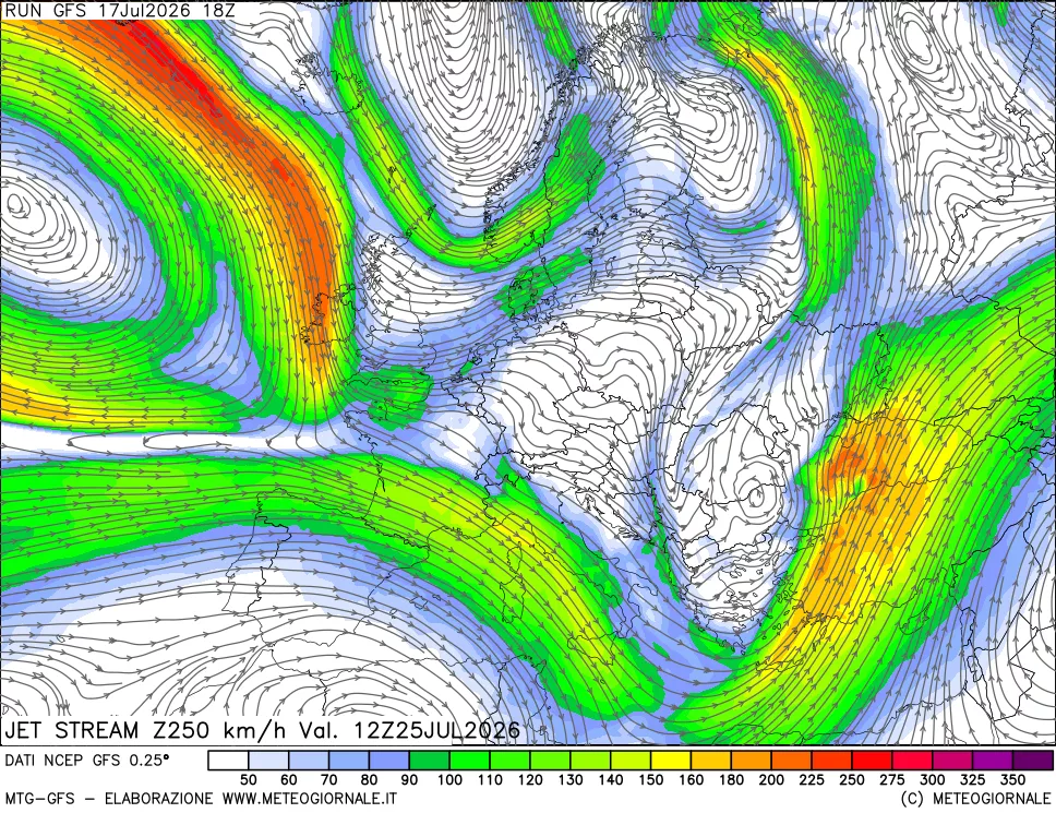 mappa 250 hPa Jet stream