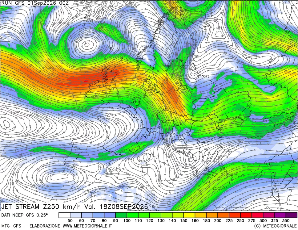 mappa 250 hPa Jet stream
