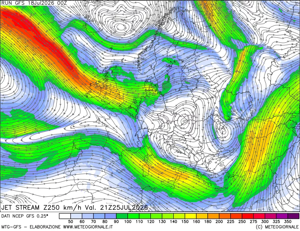 mappa 250 hPa Jet stream