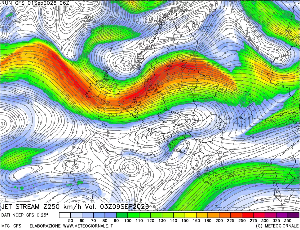 mappa 250 hPa Jet stream