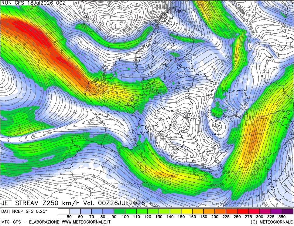 mappa 250 hPa Jet stream