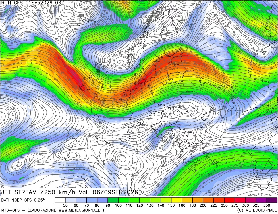 mappa 250 hPa Jet stream