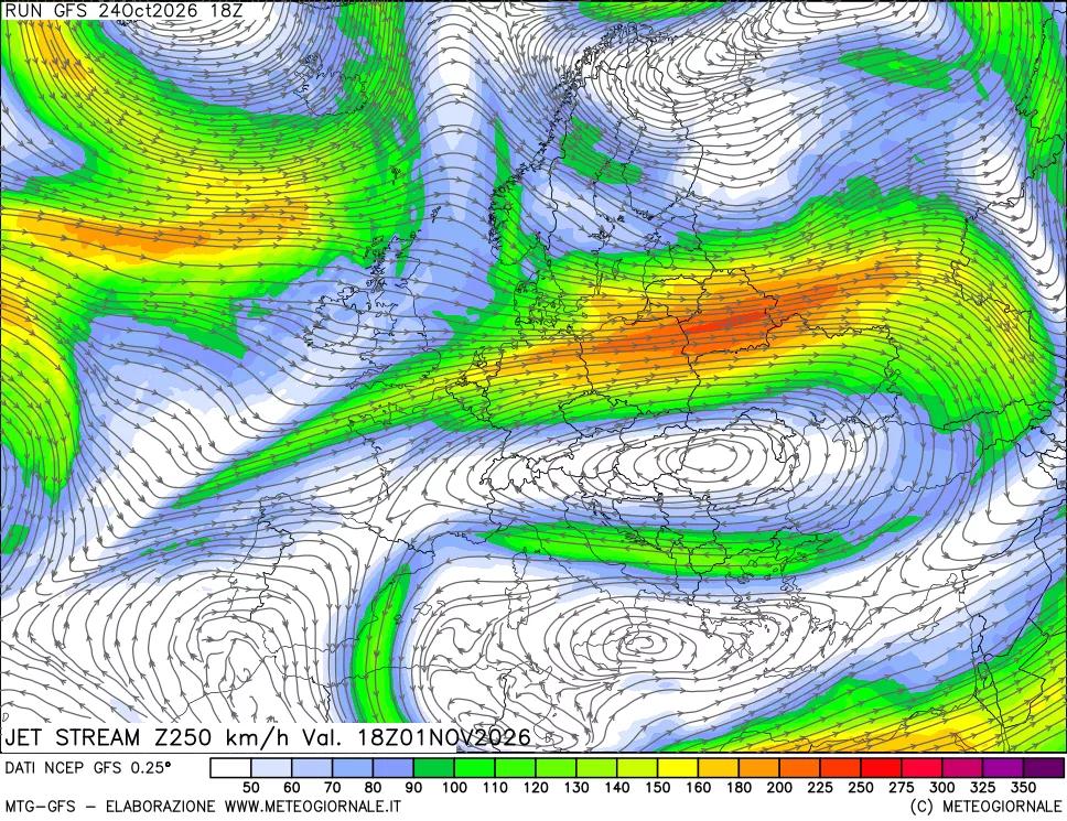 mappa 250 hPa Jet stream