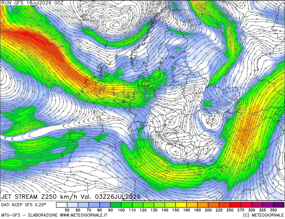 mappa 250 hPa Jet stream