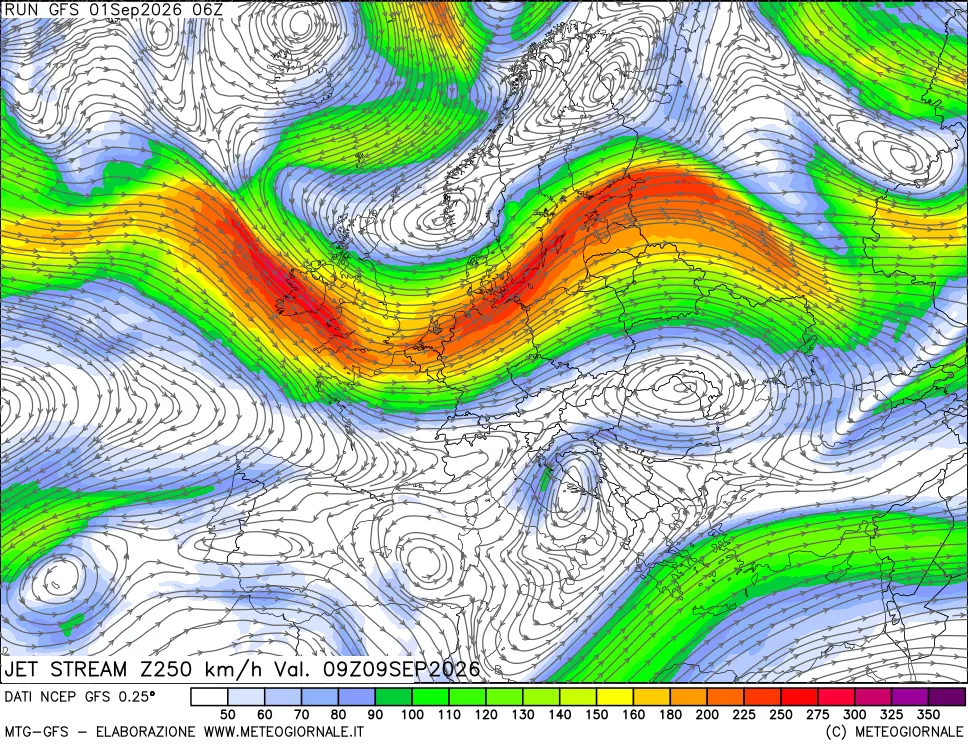 mappa 250 hPa Jet stream