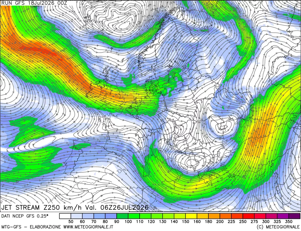 mappa 250 hPa Jet stream