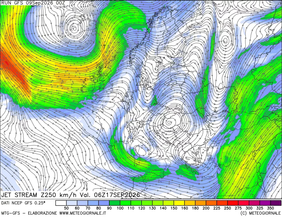 mappa 250 hPa Jet stream