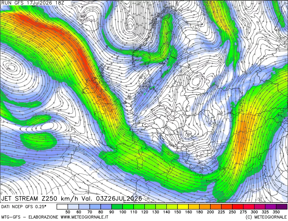 mappa 250 hPa Jet stream