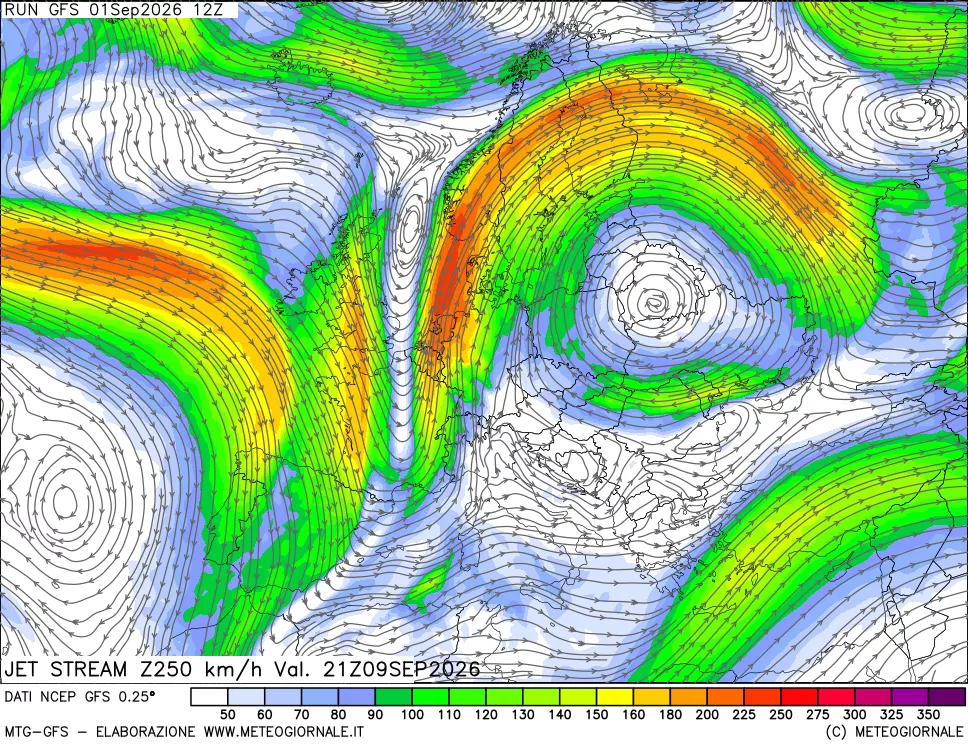 mappa 250 hPa Jet stream