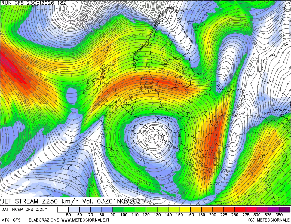 mappa 250 hPa Jet stream