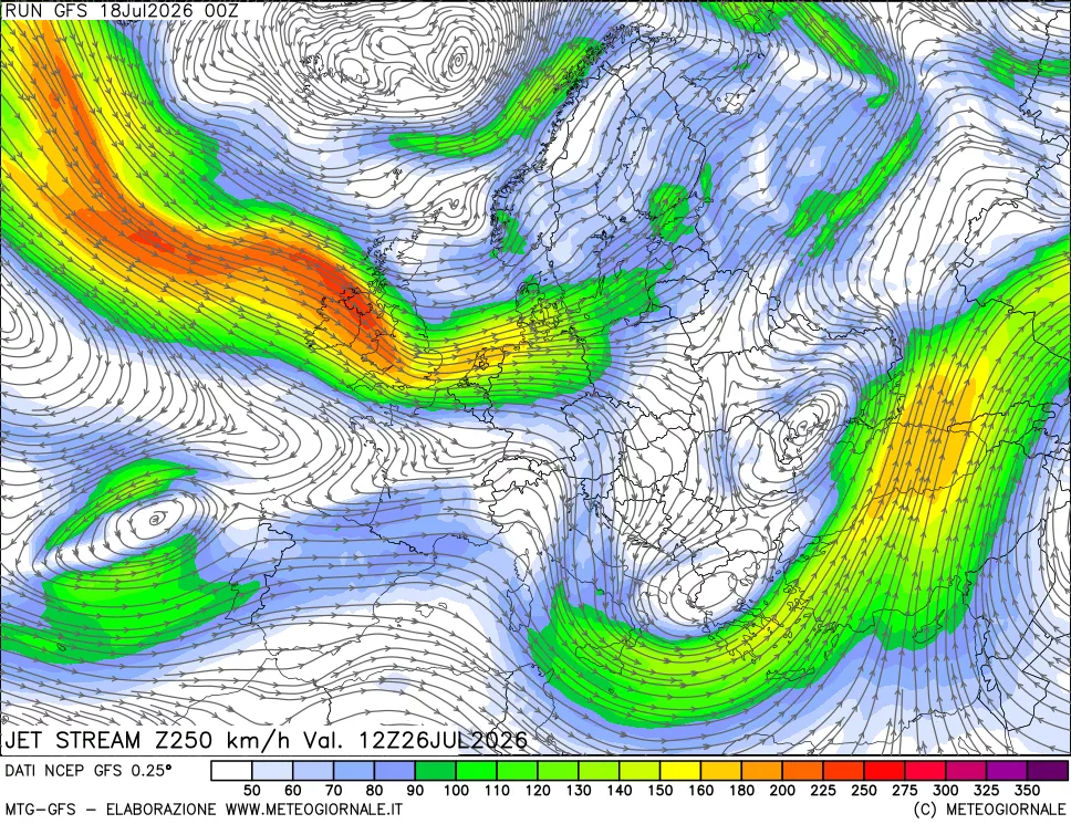 mappa 250 hPa Jet stream
