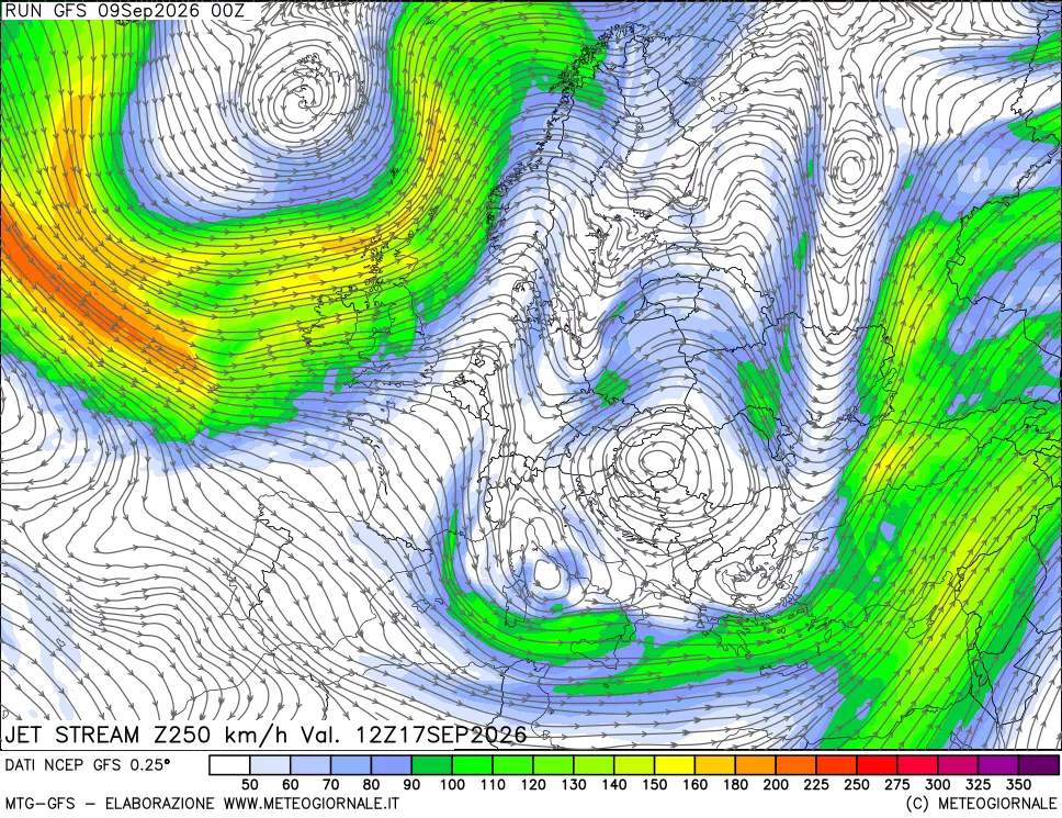 mappa 250 hPa Jet stream