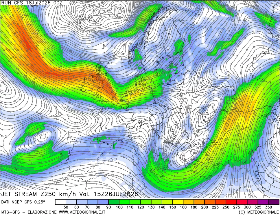 mappa 250 hPa Jet stream