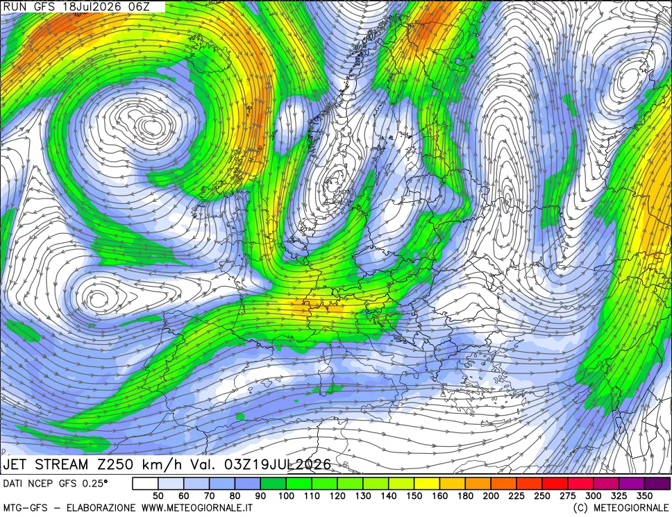 mappa 250 hPa Jet stream