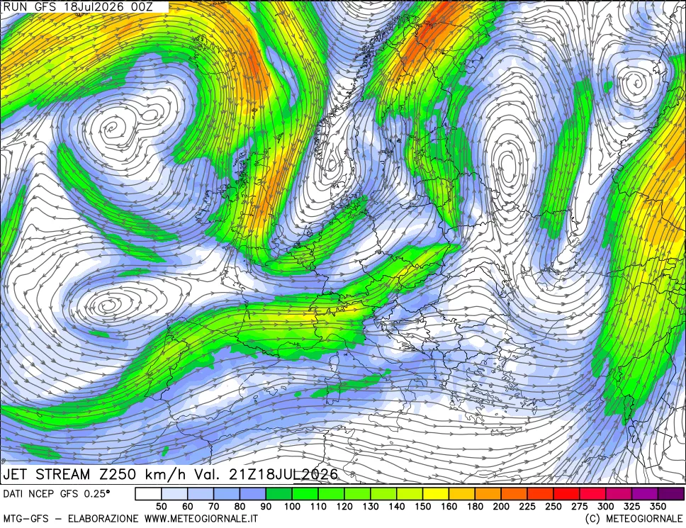 mappa 250 hPa Jet stream