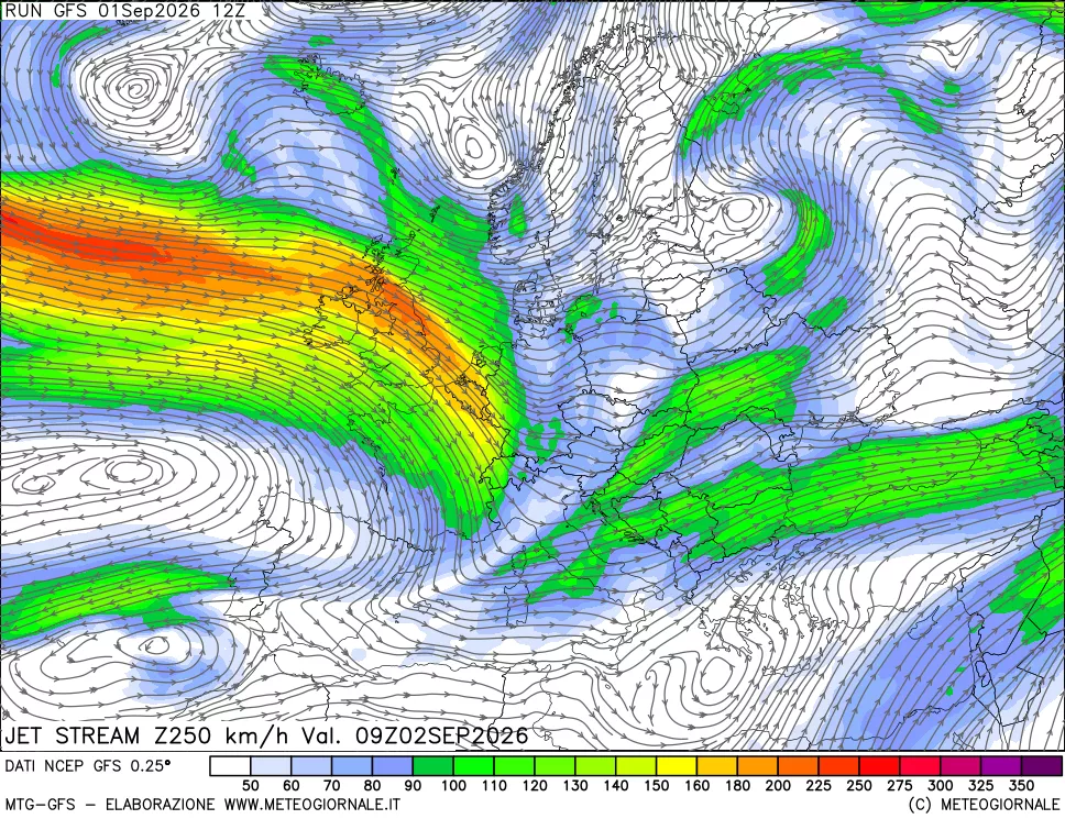 mappa 250 hPa Jet stream
