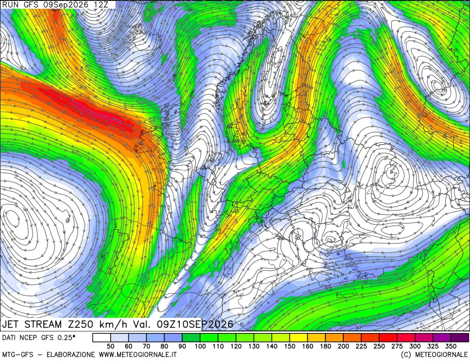 mappa 250 hPa Jet stream