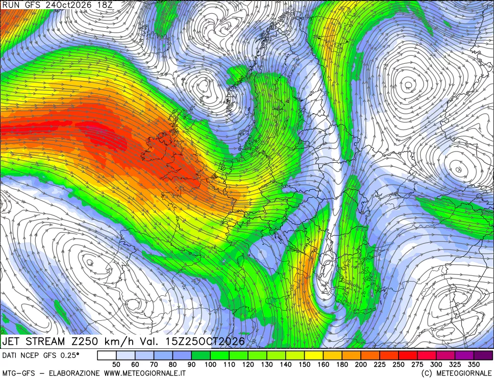 mappa 250 hPa Jet stream