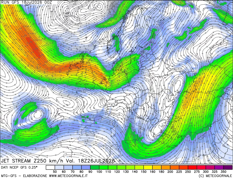 mappa 250 hPa Jet stream