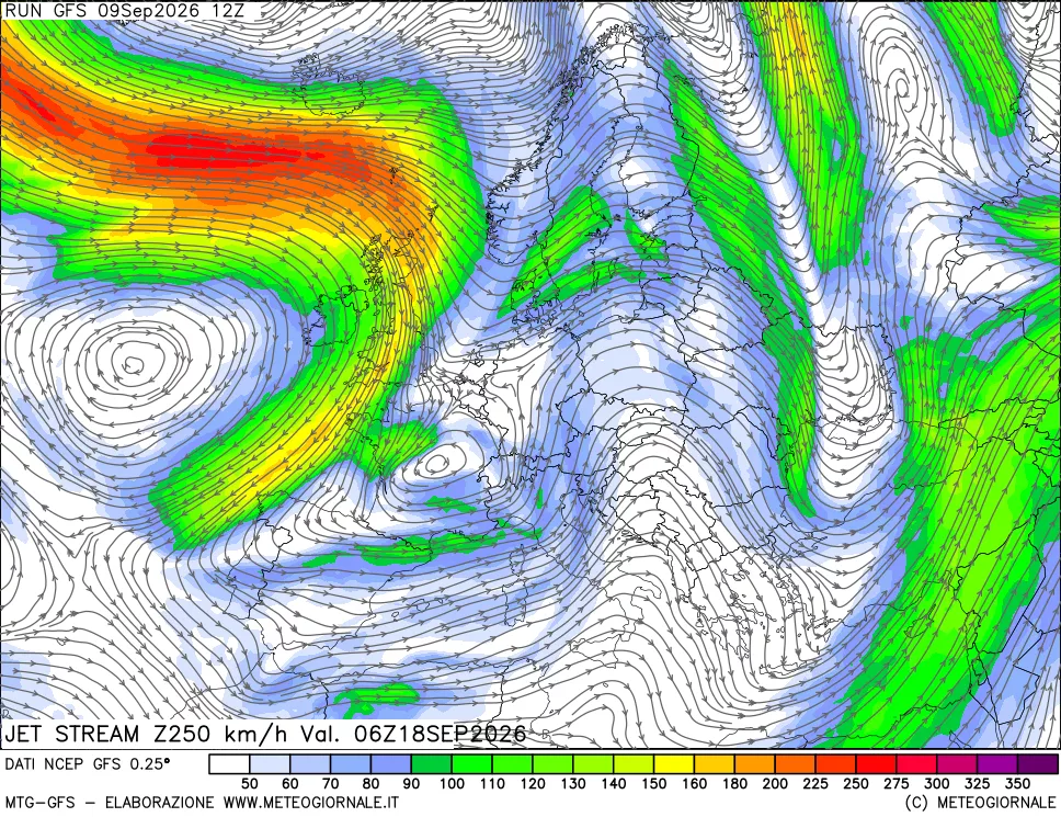 mappa 250 hPa Jet stream